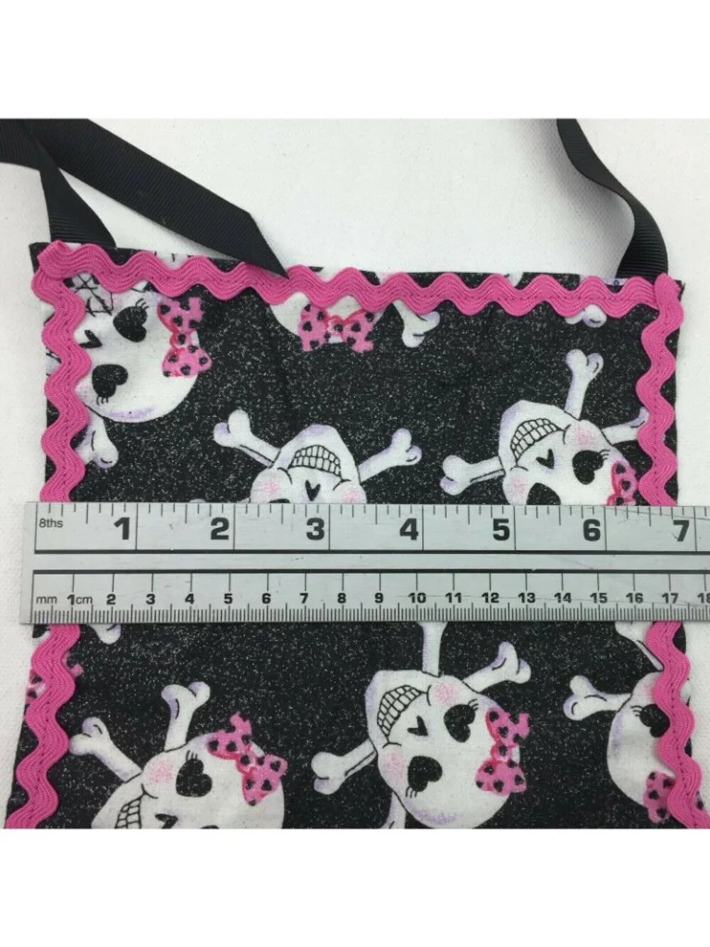 Girls Baking Apron for Kitchen Punk Rock Skulls With Bows Pink Pom Pom Ribbon